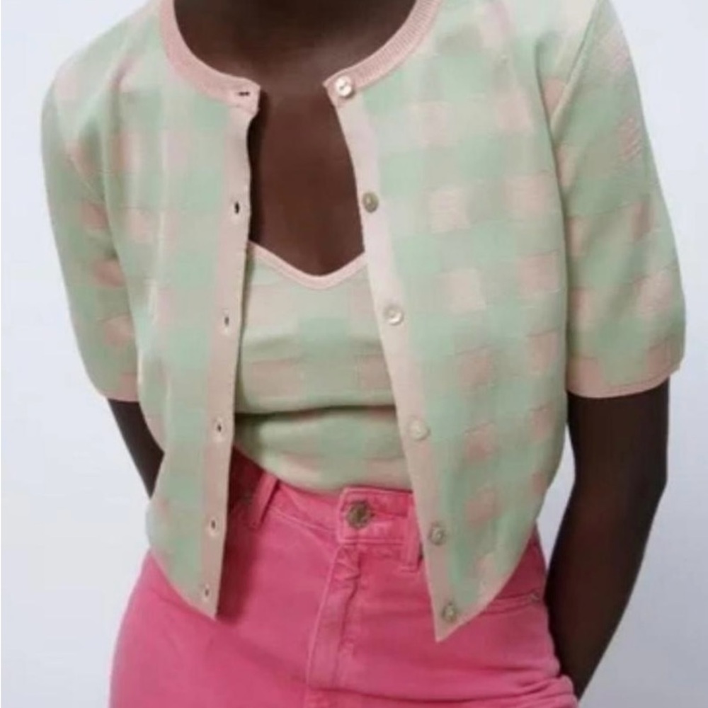 Zara Mint Green and Pink Checkered Cardigan